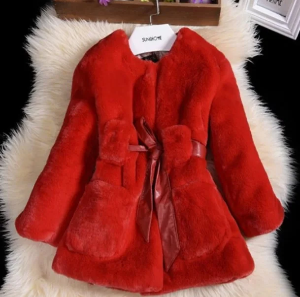 Furry 2018 Baby Girls Rabbit Fur Children's Coat Faux Medium-long Style Long Sleeve O-neck Kids Warm Windbreaker XL401 | Детская
