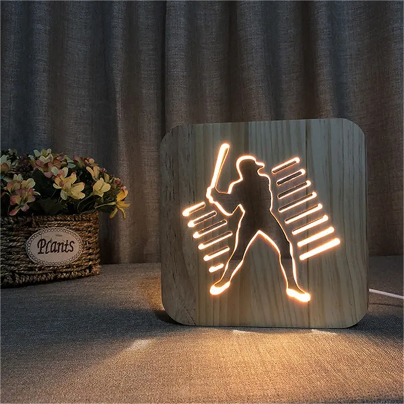 Деревянные спортивные 3D Ночной светильник DIY Настроить лампа Футбол Баскетбол
