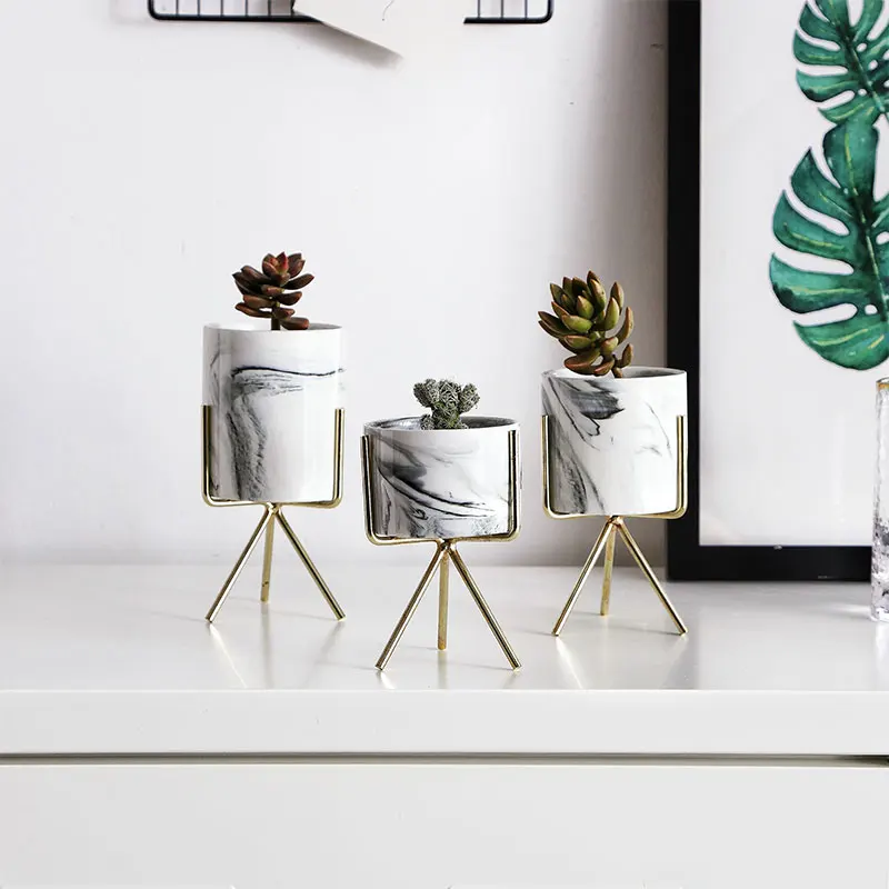 1pcs Flower Pot Geometric with Set Metal Ceramic Plant Planting Decor Display Stand Home Decal Home Ornament Home Supply