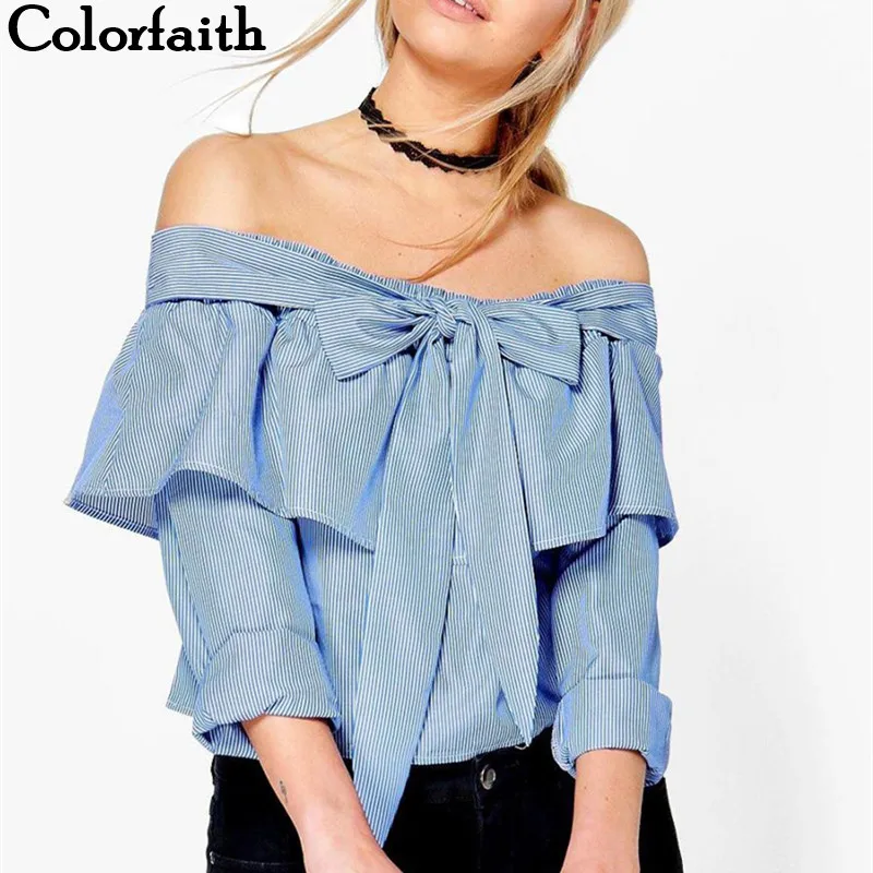Женские блузки с оборками Colorfaith весна лето 2018 сексуальные полосатые топы в стиле
