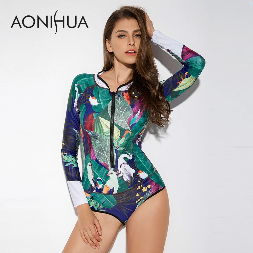 Купальник AONIHUA 2018 с художественным принтом женский слитный купальник листьев и
