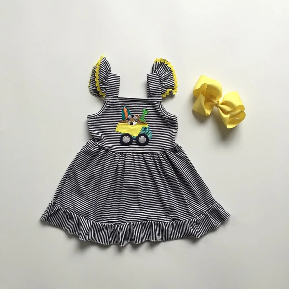 hot new arrival baby girls spring summer dress truck print children boutique white and black stripe with bows | Детская одежда и