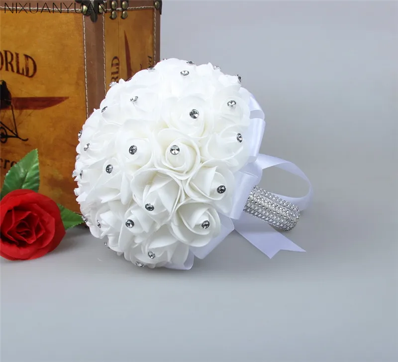 

2019 Beautiful White Ivory Bridal Bridesmaid Flower Wedding Bouquet Artificial Flower Rose Bouquet Crystal Bridal Bouquets