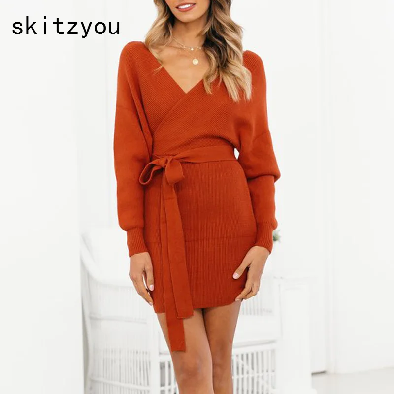 Skitzyou пикантные V средства ухода за кожей Шеи Осень трикотажные для женщин Bodycon