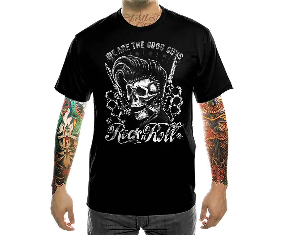 

100% Cotton for Man Shirts Rock N Roll T-Shirt Herren 50s FTW Rockabilly Skull Hot Rod Biker Print Tee Shirts