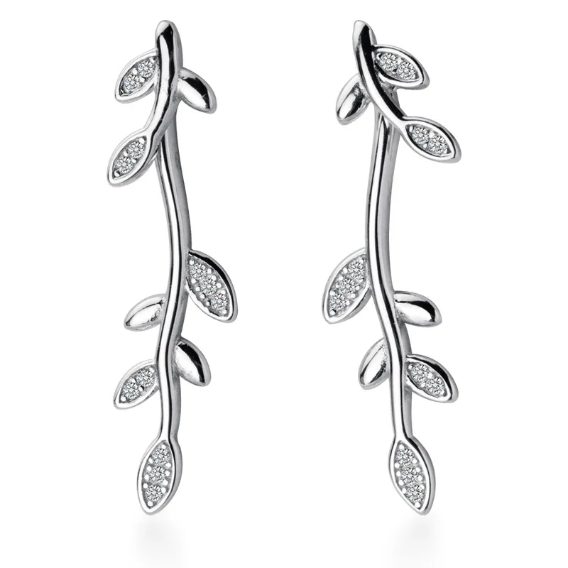 

MloveAcc 100% 925 Sterling Silver Flower Leaf Branch Stud Earrings with CZ for Women Wedding Silver Jewelry