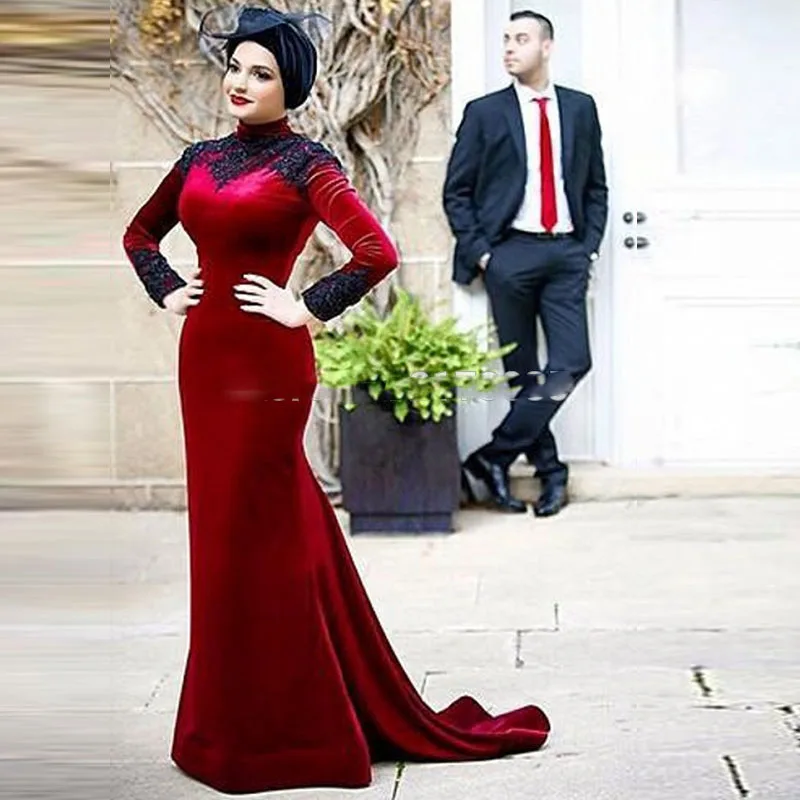 Мусульманское вечернее платье Русалка бордовое бархатное скромное с длинным