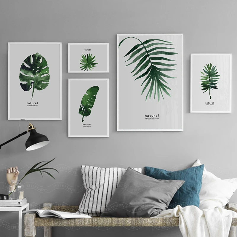 Акварельные растения зеленые листья холст картина искусство на стену принт