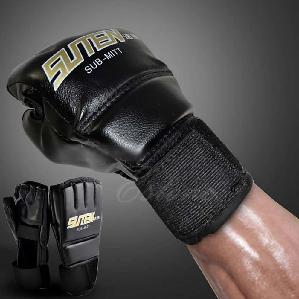

Mens Black Mittens Gloves Muay Thai Half Mitts Gloves Gym MMA