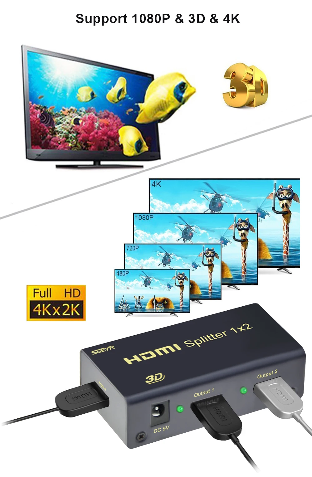 Сплиттер HDMI SGEYR 1 4 в вход 2 выхода порта сплиттер 1X2 усилитель с питанием от