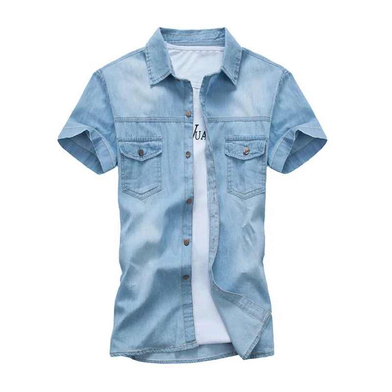 Летние джинсовые рубашки мужские с коротким рукавом модная повседневная рубашка