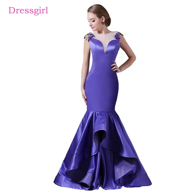 

Blue Evening Dresses Mermaid Cap Sleeves Satin Lace See Through Women Long Evening Gown Prom Dress Robe De Soiree