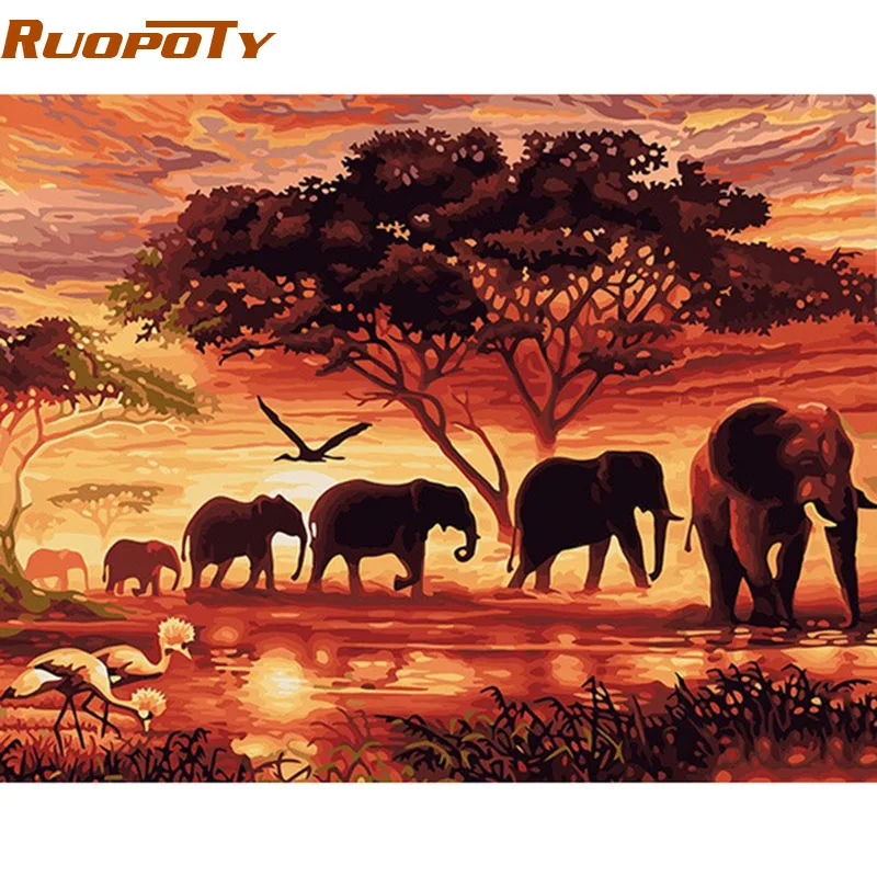

RUOPOTY Elephants Landscape DIY Digital Painting By Numbers Modern Wall Art Canvas Painting Unique Gift For Home Decor 60x75cm