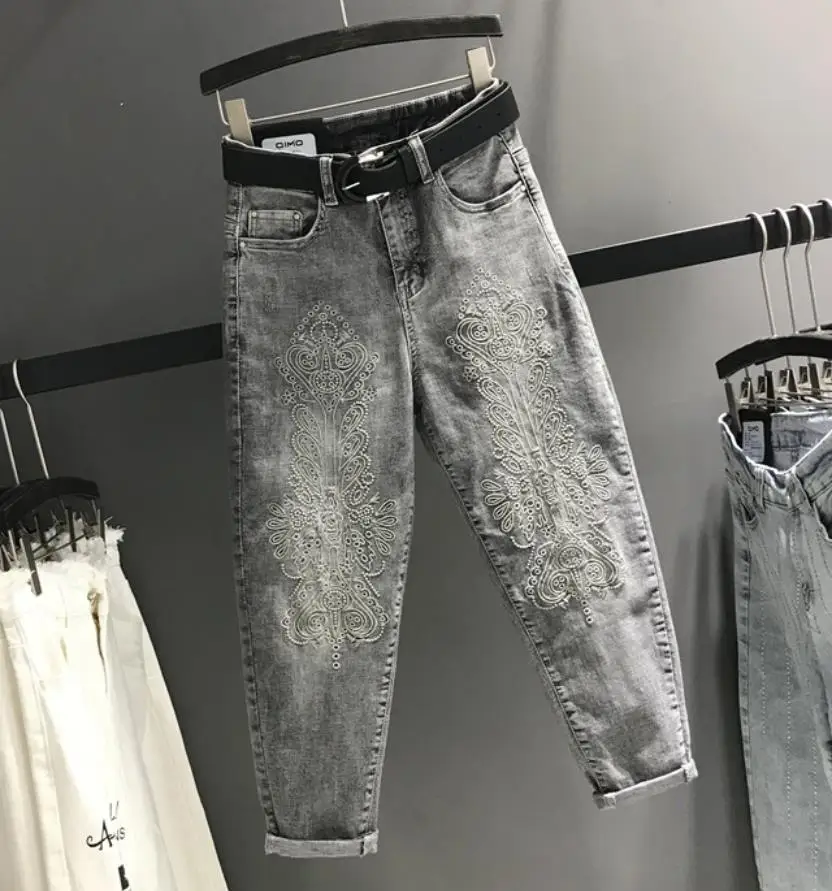 Новые модные плотные вышитые серые джинсы с высокой талией женские свободные
