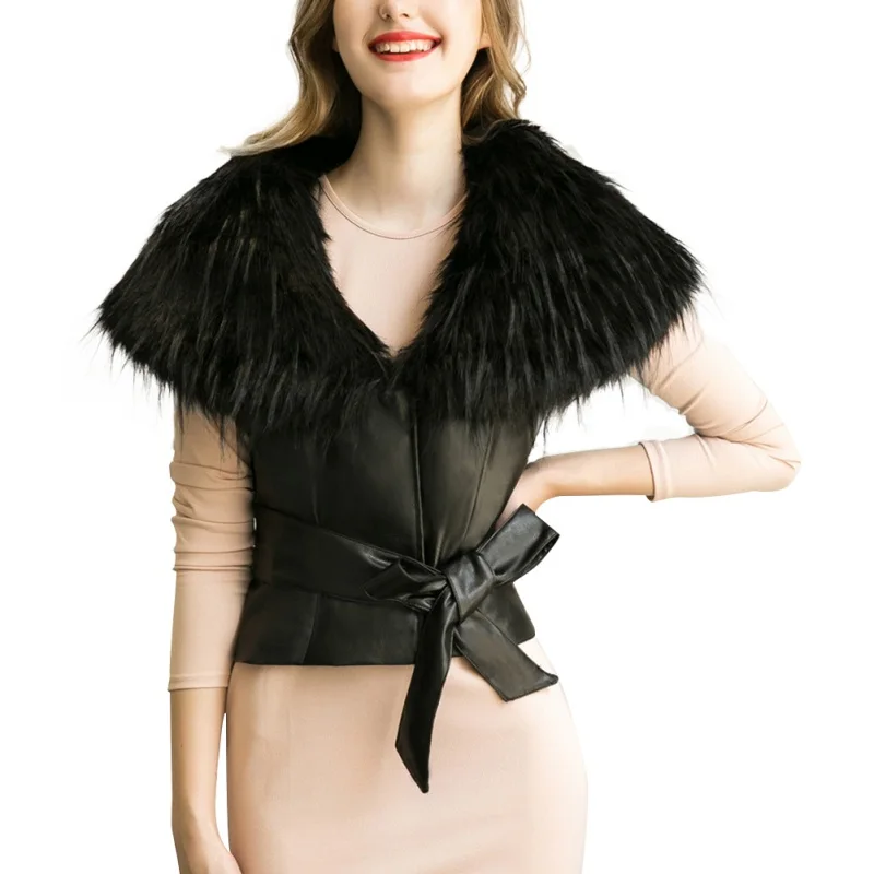 Женское зимнее пальто из искусственного меха с ремнем без рукавов искусственным