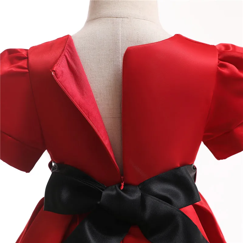 Baby Girls Short Sleeve Red Fold Dress With Black Bow Waist Belt Female Girl's Beautiful Evening Dresses Children's Clothing | Детская
