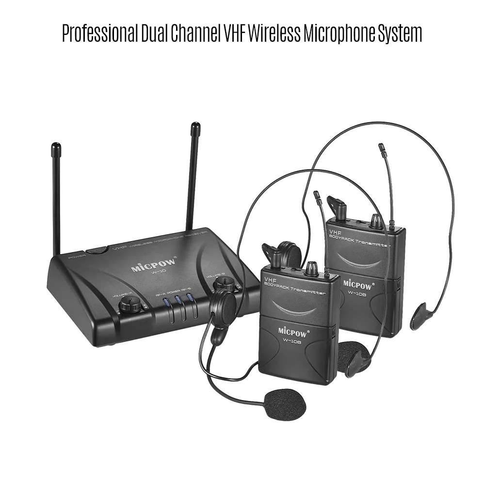MICPOW W-10 VHF Двухканальный беспроводной микрофон 2 гарнитура микрофон 2 поясной пакет передатчики приемник для классных занятий