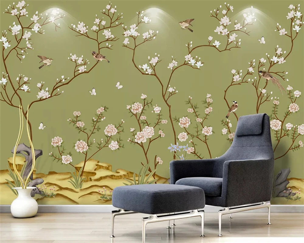 beibehang Custom wallpaper hand drawn flowers birds background plum blossom peach wall papers home decor papier peint | Обустройство