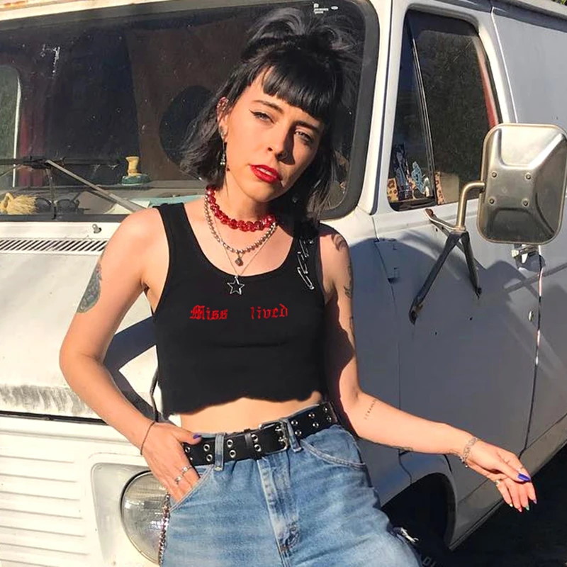 HEYounGIRL Повседневный женский топ без рукавов с буквенным принтом, Harajuku, черные укороченные топы, футболки, уличная одежда, панковские укороченные женские летние топы