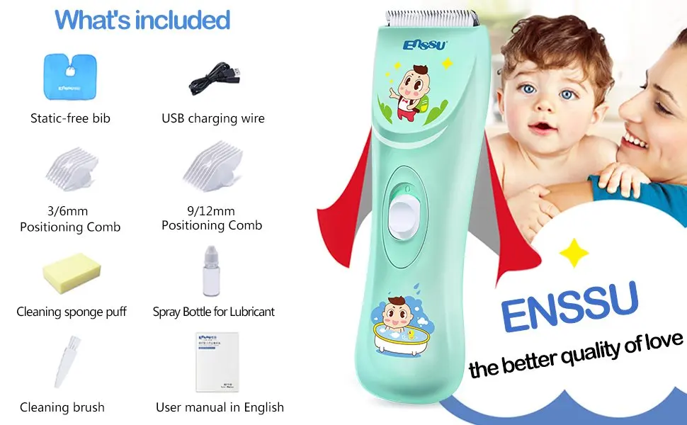 

Enssu USB Rechargeable Baby Hair Trimmer Electric Low Noise Waterproof Hair Clipper for Kids & Children with Haircut Models