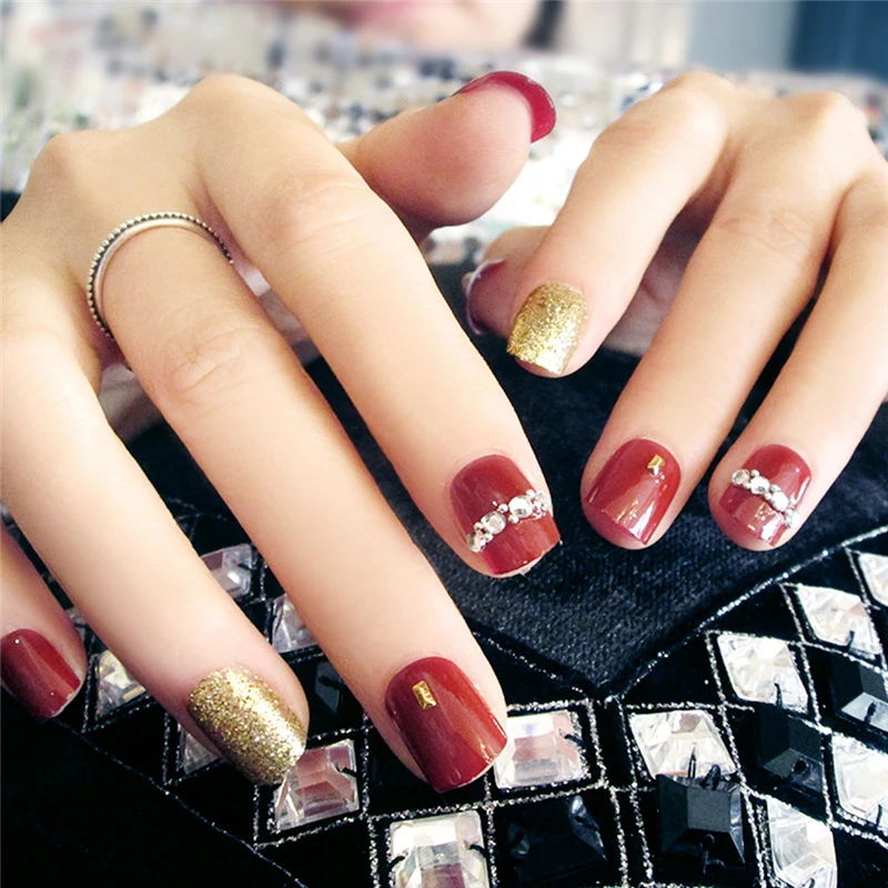 24 Pcs Acrylic Fake Fingernails Full Cover False Dark Red Nail Art DIY Display | Красота и здоровье