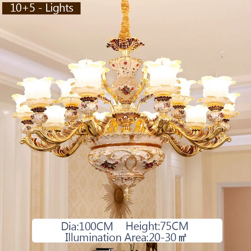 15Lights-UP Роскошный европейский стиль люстры гостиная лампа вилла освещение лобби отеля французская люстра цветок прозрачный стеклянный плафон светодиодный - Lampshade Color: 15Lights-UP