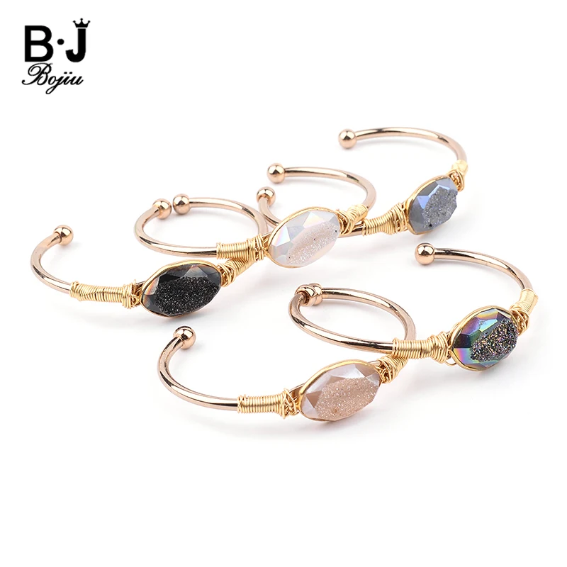 

BOJIU Natural Druzy Stone Gold-color Cuff Bangles For Women Oval Wrapped Drusy Crystal Armlet Copper Manchette Bangle Lady BR036