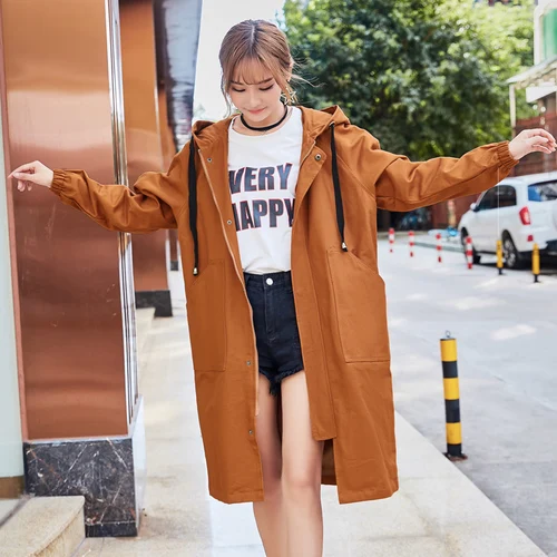 Female Hooded Trench Coats New 2018 Women Causal Army Green Medium Long Mujer Spring Autumn Harajuku Windbreaker Feminina|hooded trench coat|trench