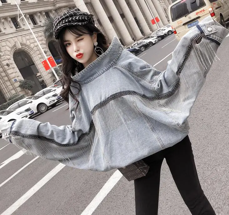 

Rlyaeiz Harajuku Style Tassel Short Denim Jacket Women 2019 Spring Autumn Fashion Loose Long Sleeve Pockets Women Jeans Coat