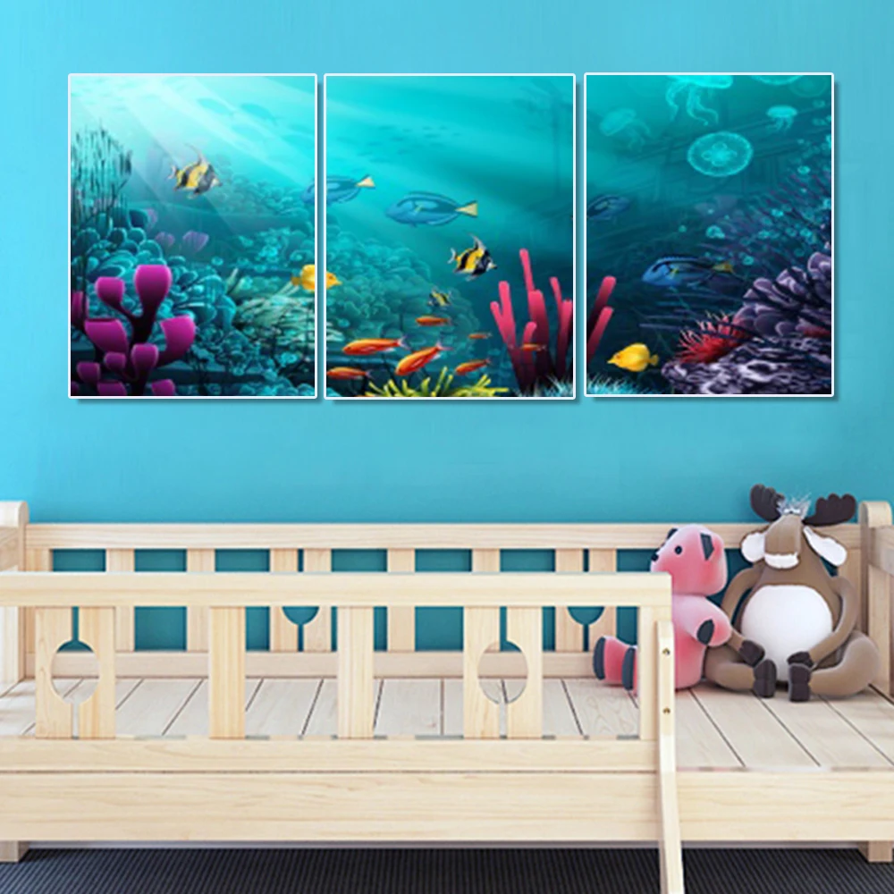 

Laeacco 3 Panel Canvas Calligraphy Painting Cartoon Undersea Treasure Bubble Wall Art Posters and Prints Living Room Home Decor