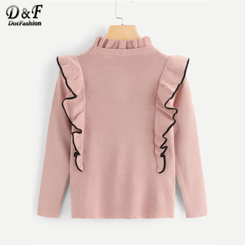 Dotfashion розовый свитер с оборками и цветочной отделкой, Женский Повседневный свитер, осень, стиль, стоячий воротник, длинный рукав, пуловер, джемпер
