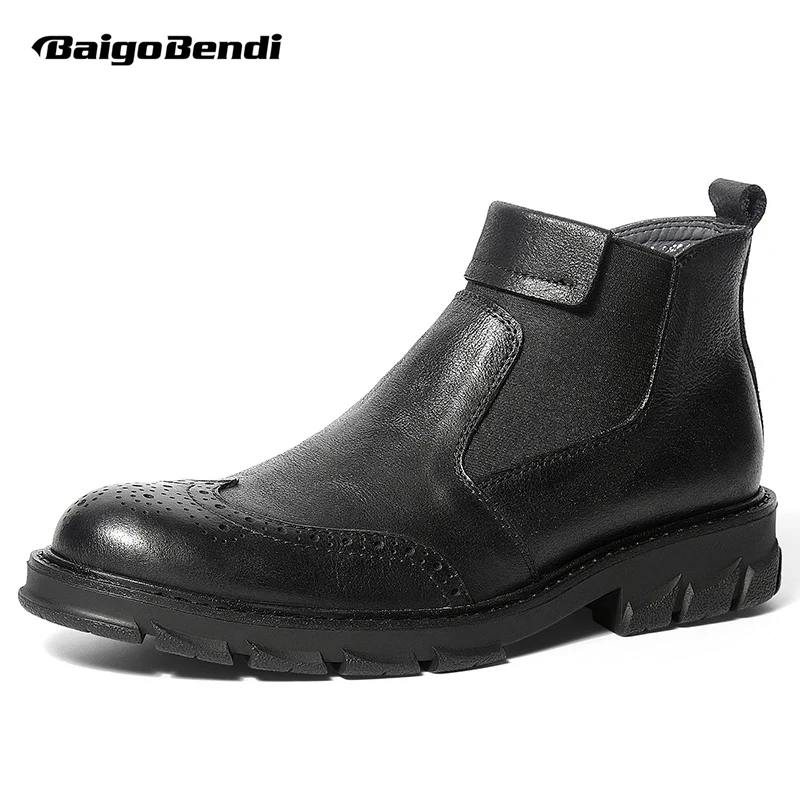 

High End Mens Fretwork Genuine Leather Slip On Chelsea Boots Boys Students Heighten Thick Heel Winter Shoes