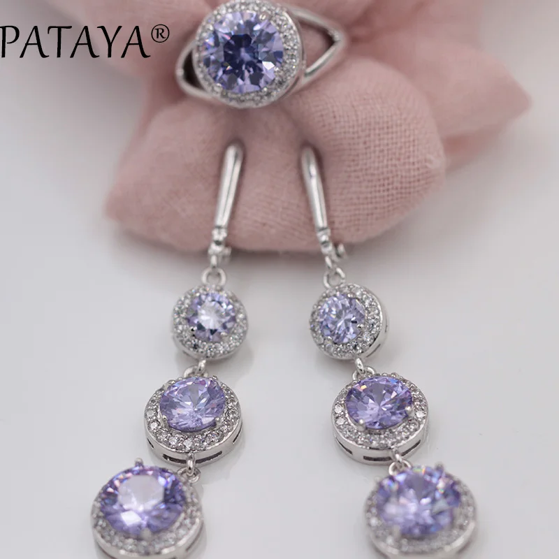 PATAYA Charm фиолетовый настоящий белый золотой комплект ювелирных изделий круглый натуральный кубический циркон кольцо серьги наборы вечерние свадебные аксессуары ювелирные изделия