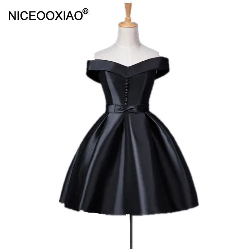 Женское вечернее платье NICEOOXIAO Черное короткое без бретелек с вырезом лодочкой и