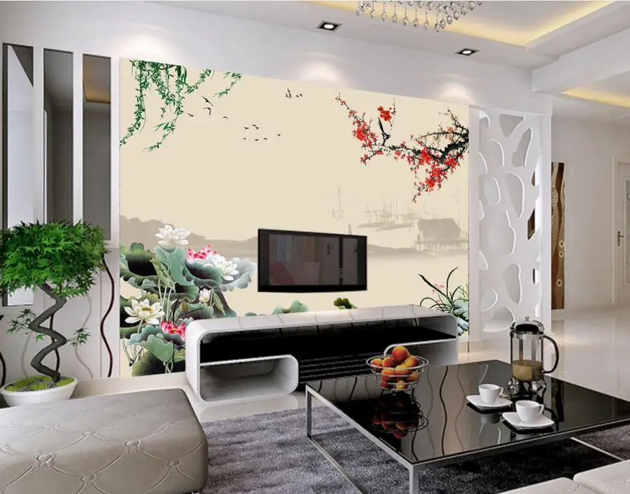 

Custom 3D mural,Chinese lotus plum blossom paintings papel de parede,hotel restaurant living room sofa TV wall bedroom wallpaper