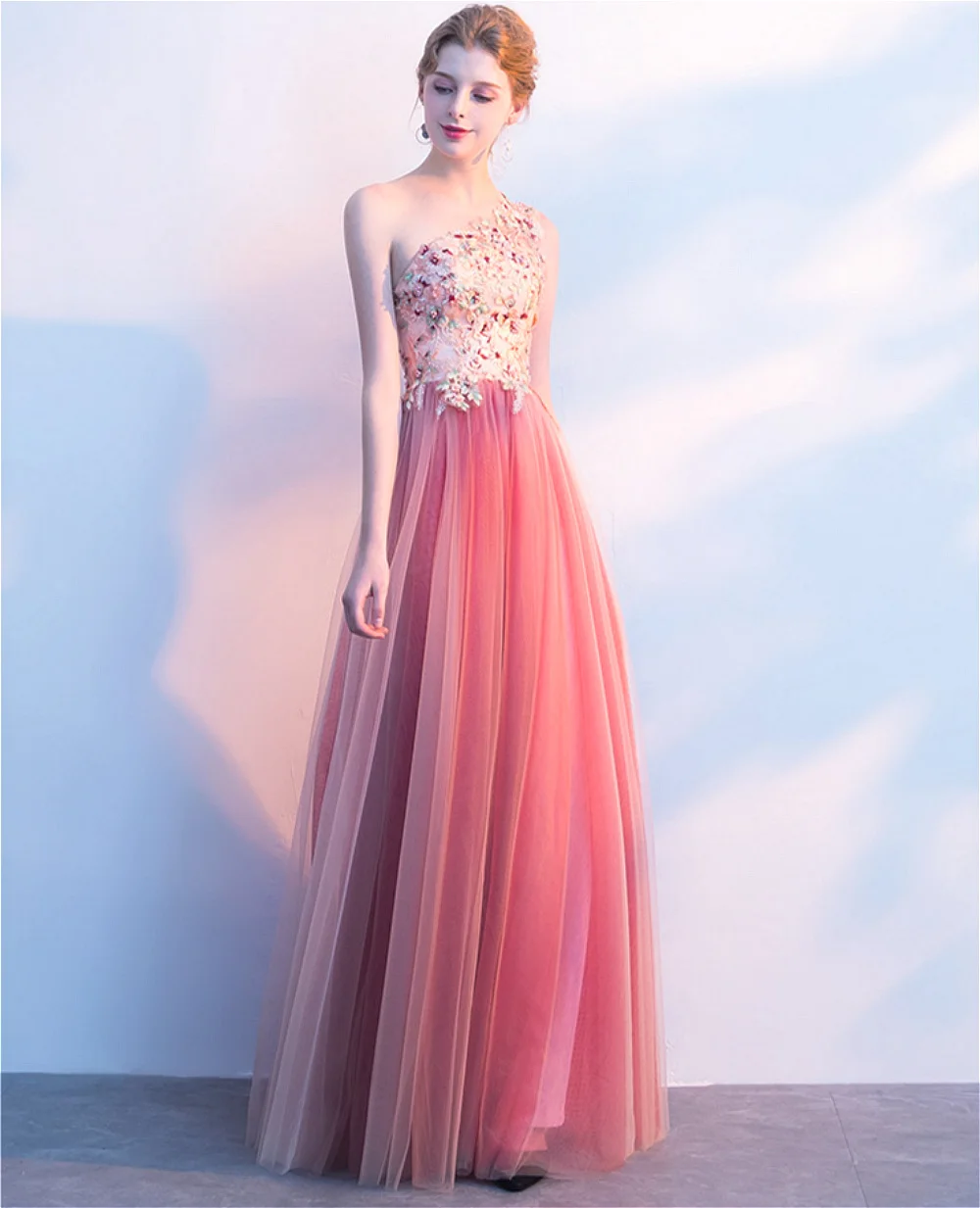 CX Элегантное Длинное розовое вечернее платье на одно плечо с кружевными цветами