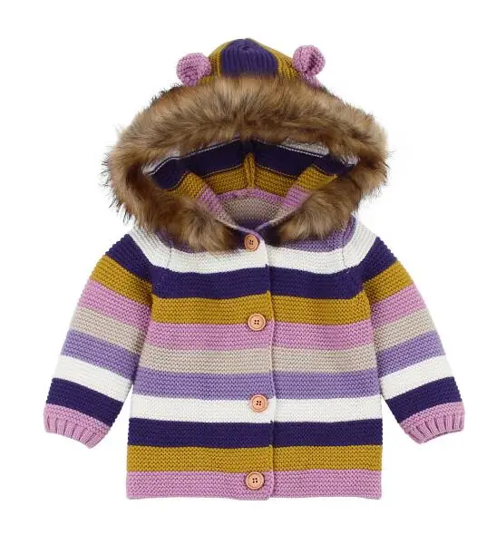 82W448 Light purple Зимний теплый свитер для новорожденных, вязаный кардиган серого цвета со съемным меховым капюшоном для маленьких мальчиков и девочек, осенняя верхняя одежда, вязаная одежда для детей 0-24 месяцев - Цвет: 82W448 Light purple