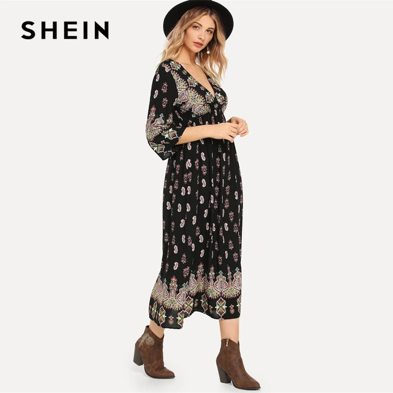 SHEIN Платье С Глубоким Вырезом В Стиле Бохо Длинное V Образным Вырезом|Женские