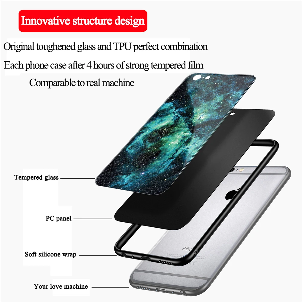 Case For iPhone 7 Phone Shell Protective Tempered Glass Back +Soft TPU inner Cover for Anti-shock Bag iPhone7 Coque |
