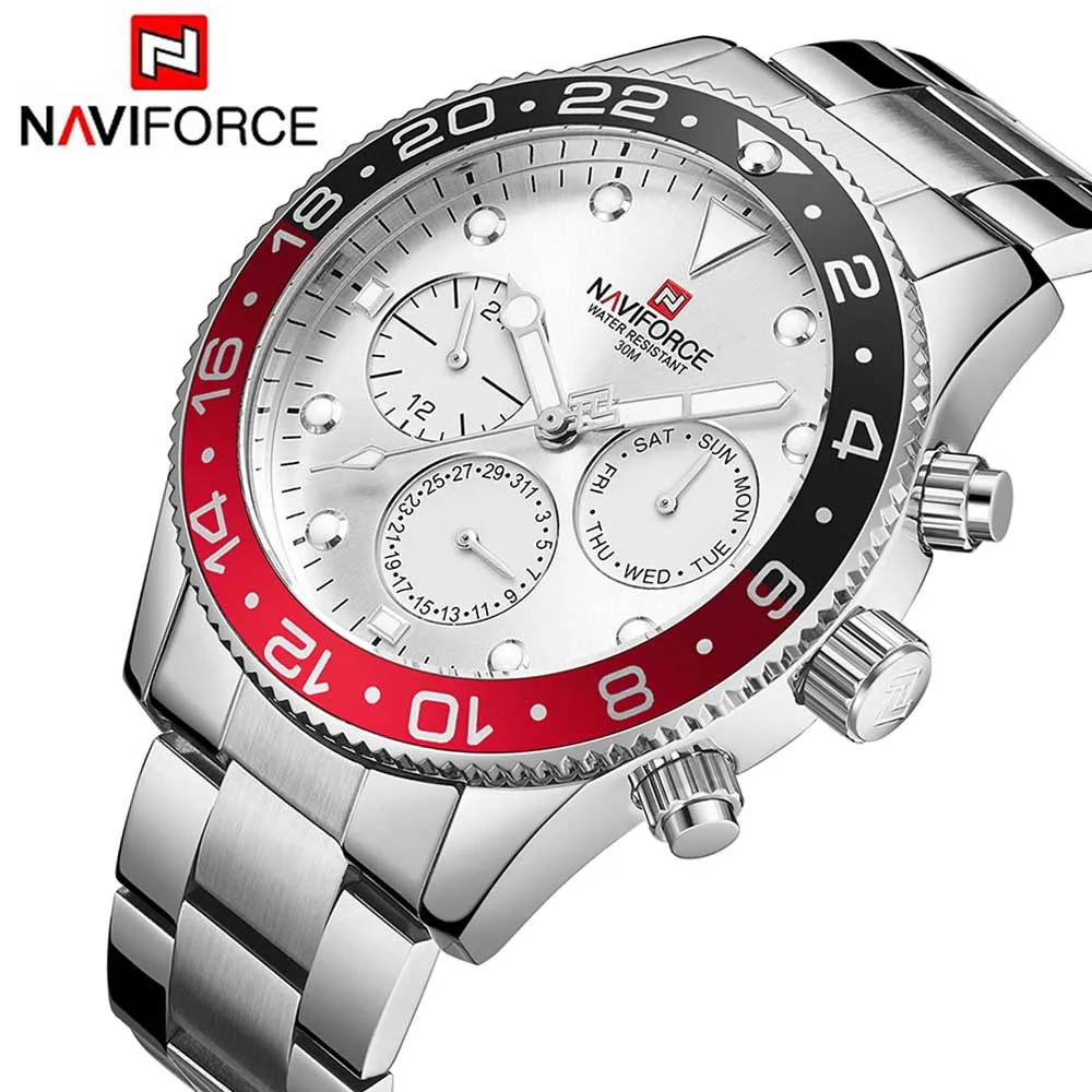 NAVIFORCE 9147 Роскошные Мужские Аналоговые Кварцевые спортивные часы Модные Военные уличные водонепроницаемые 24 Время, дата-неделя часы мужские наручные часы - Цвет: Silver Red