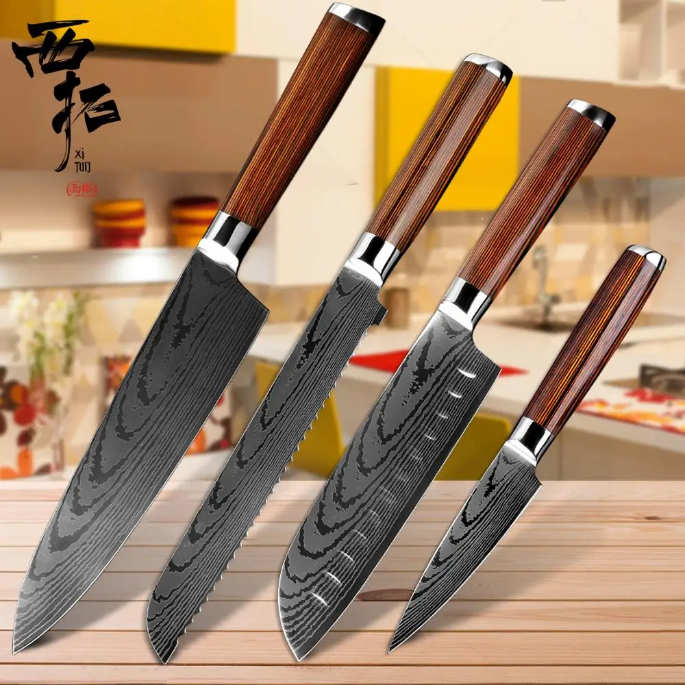

XITUO Stainless Steel Chef Knife Set Bread Non-Stick Japanese Fruit Peeling Knife laser Damascus Pattern Santoku Kitchen tools