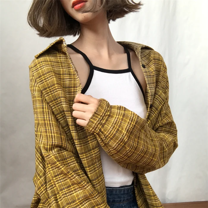 Женская блузка с длинным рукавом Ulzzang Корейская Свободная рубашка в клетку стиле