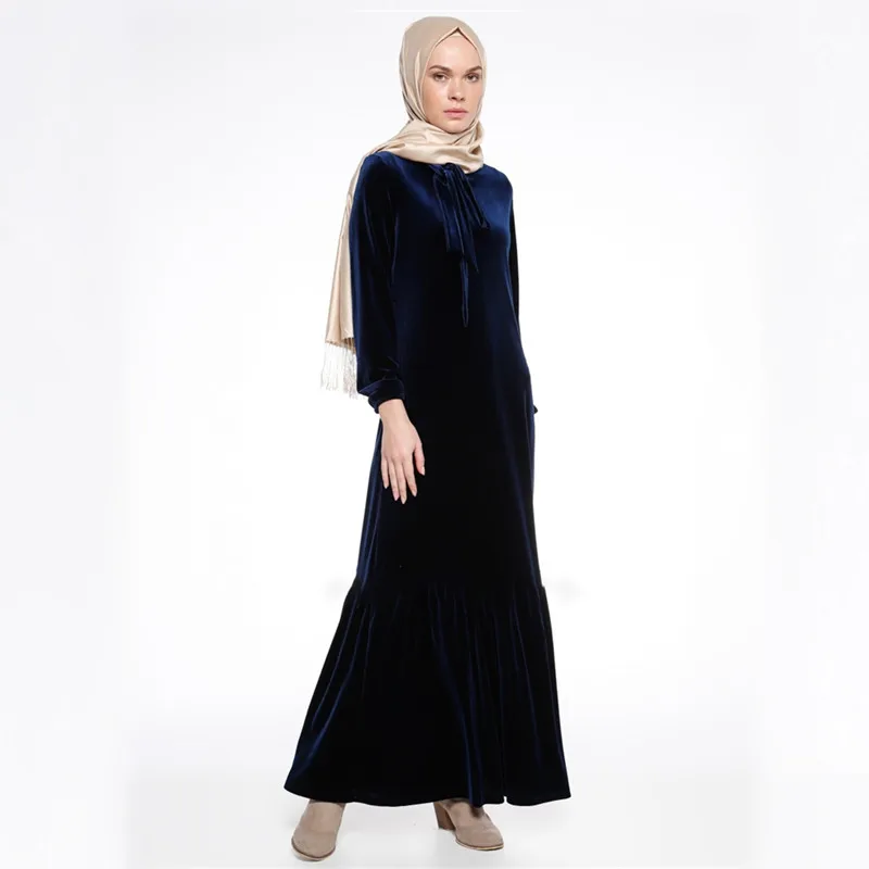 Navy Blue Мусульманский с длинным рукавом Макси платье djellaba велюровое эластичное дубайское вечернее платье халат Арабская традиционная Женская одежда abaya D442 - Цвет: Navy Blue