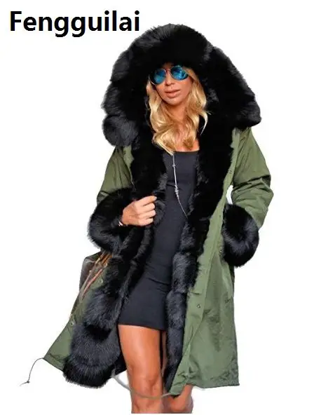 green black fur Утолщенная теплая камуфляжная куртка из искусственного меха модная теплая роскошная женская Длинная зимняя куртка с капюшоном пальто высшего размера плюс XXXL - Цвет: green black fur