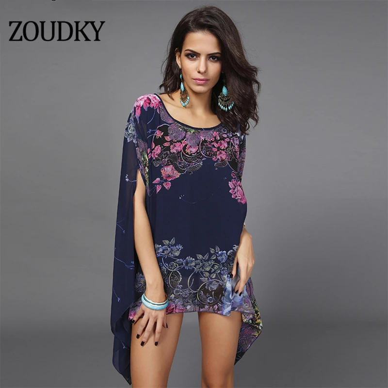 Плюс сторона богемный печати шифон для женщин летние платья Женский рукав