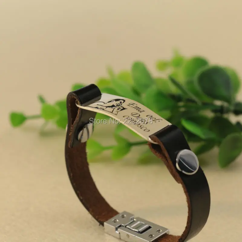 Personalized Name Photo Men Bracelet Stamp Words On Solid Silver Charm Customized Leather | Украшения и аксессуары