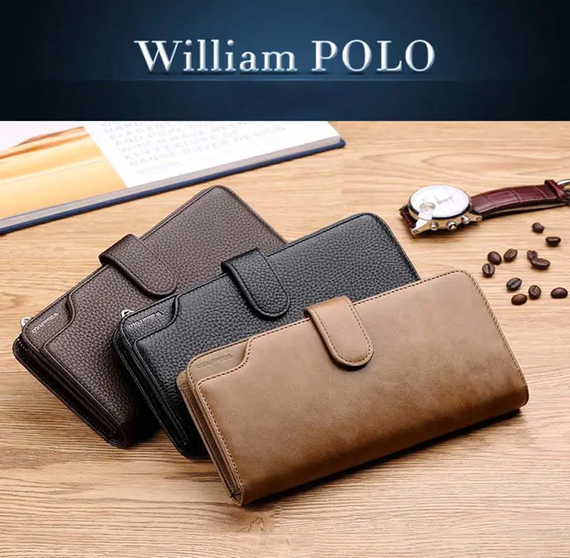 Мужской кожаный кошелек WILLIAMPOLO Длинный дизайнерский чехол для паспорта модный на