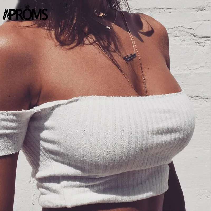 Женский трикотажный топ Aproms белый с вырезом лодочкой и коротким рукавом 40623|crop top