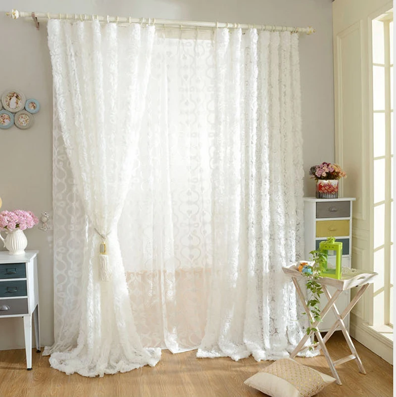Pastoral Korean Creative White Lace 3D Rose Curtains Voile Custom Window Screens For Marriage Living Room Bedroom