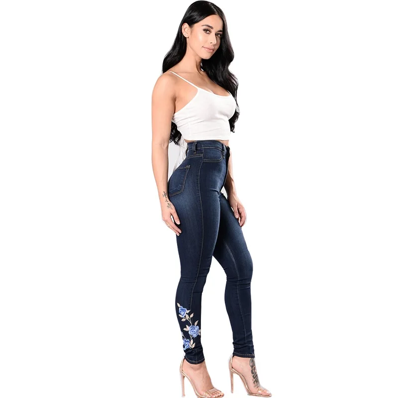 Dark Blue Embroidery Jeans 2017 High Waist Woman Plus Size Denim Women Push Up Female Stretch Slim mom |